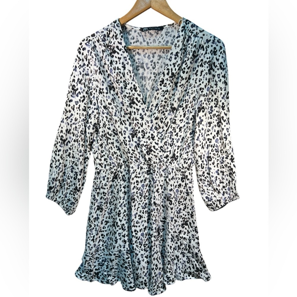 Zara Womens Size S Animal Print Mini VNeck Overlap Ruffle Flounce Hem Dress